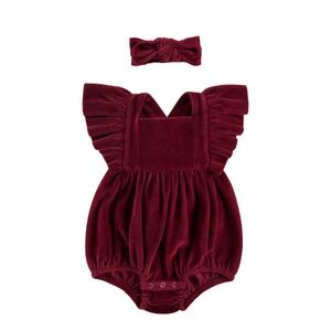 NWT Kate Quinn Velvet Ruffle Strap Bubble Romper w/ Headband Redwood 6-12 months